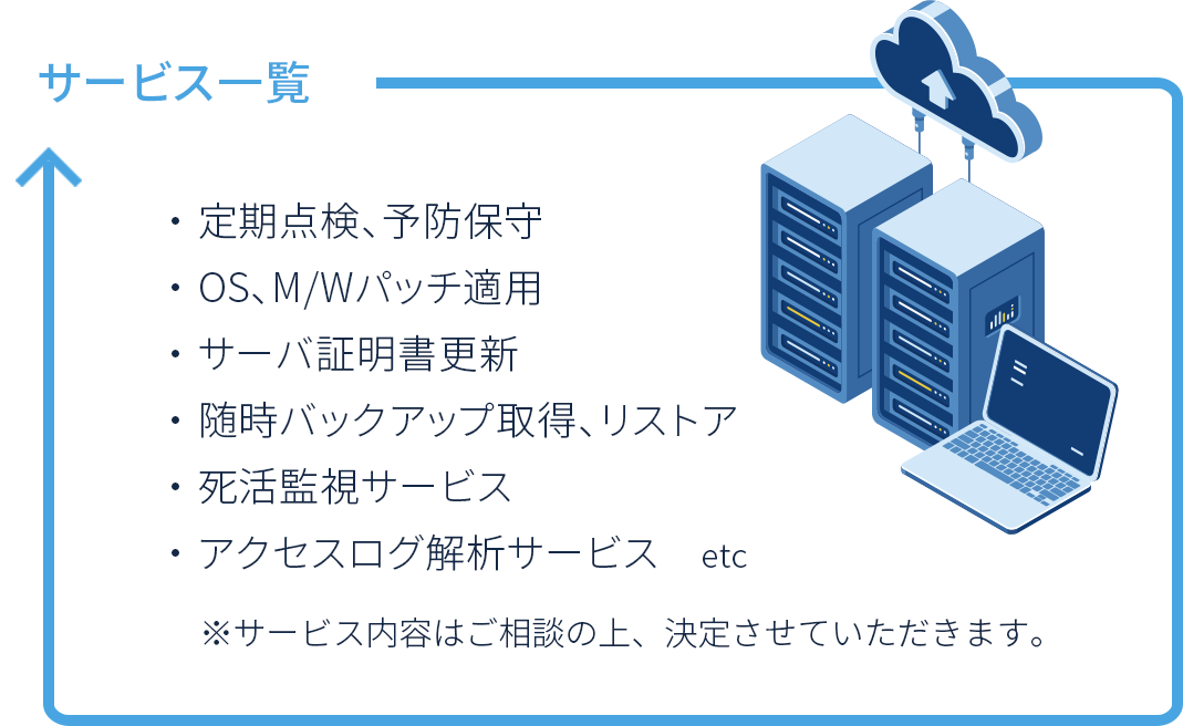 サービス一覧 定期点検、予防保守、OS、M/Wパッチ適用、サーバ証明書更新、随時バックアップ取得、リストア、死活監視サービス、アクセスログ解析サービスなど※サービス内容はご相談の上、決定させていただきます。